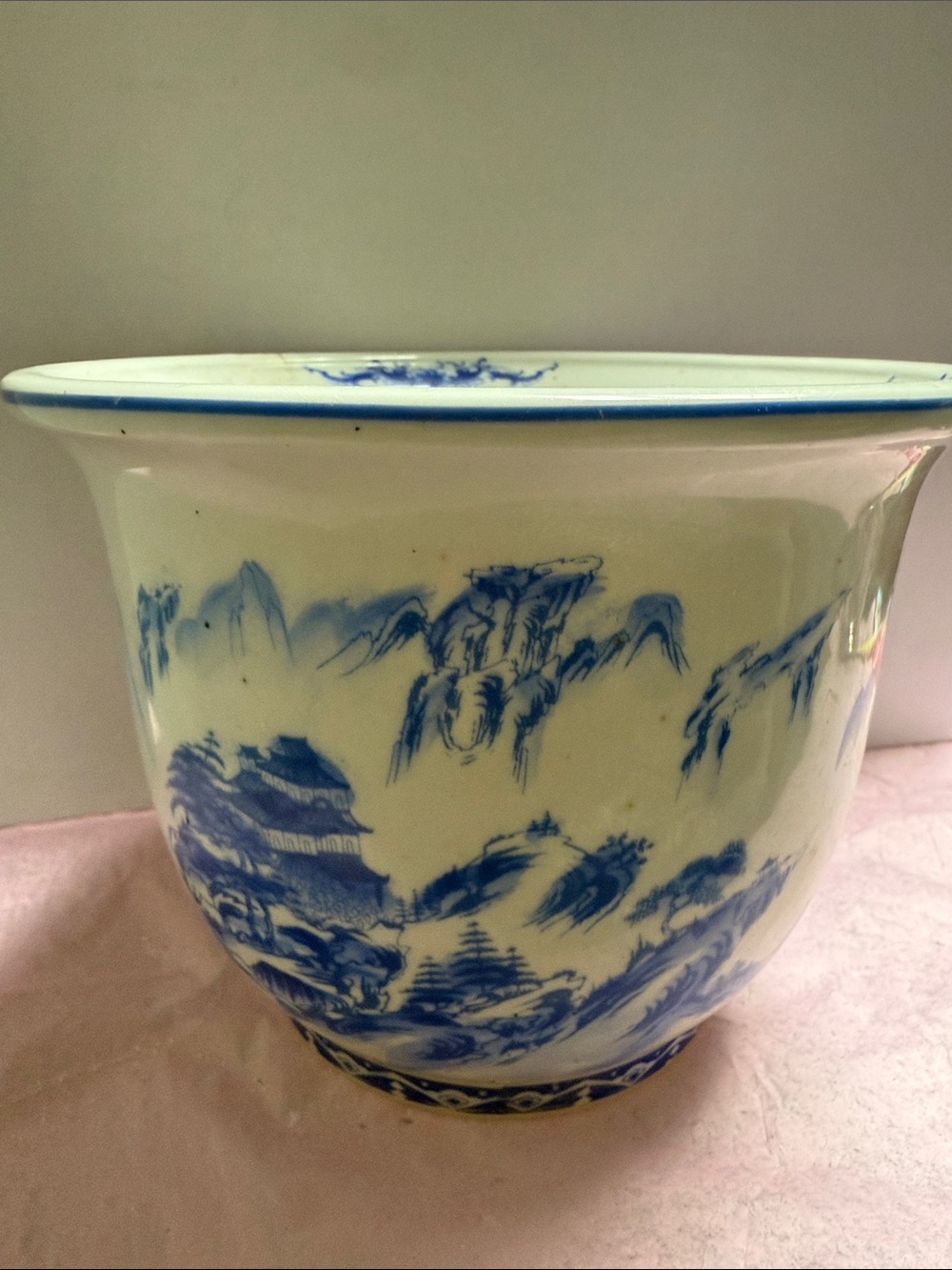 Vintage Blue White Japanese Chinese Ceramic Hand Painted Jardiniere Planter